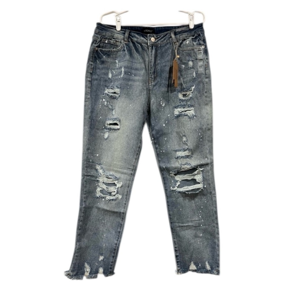 HocaiEs Distressed Denim Jeans 34 Ripped Raw Hem Cropped Straight Leg Acid Wash
